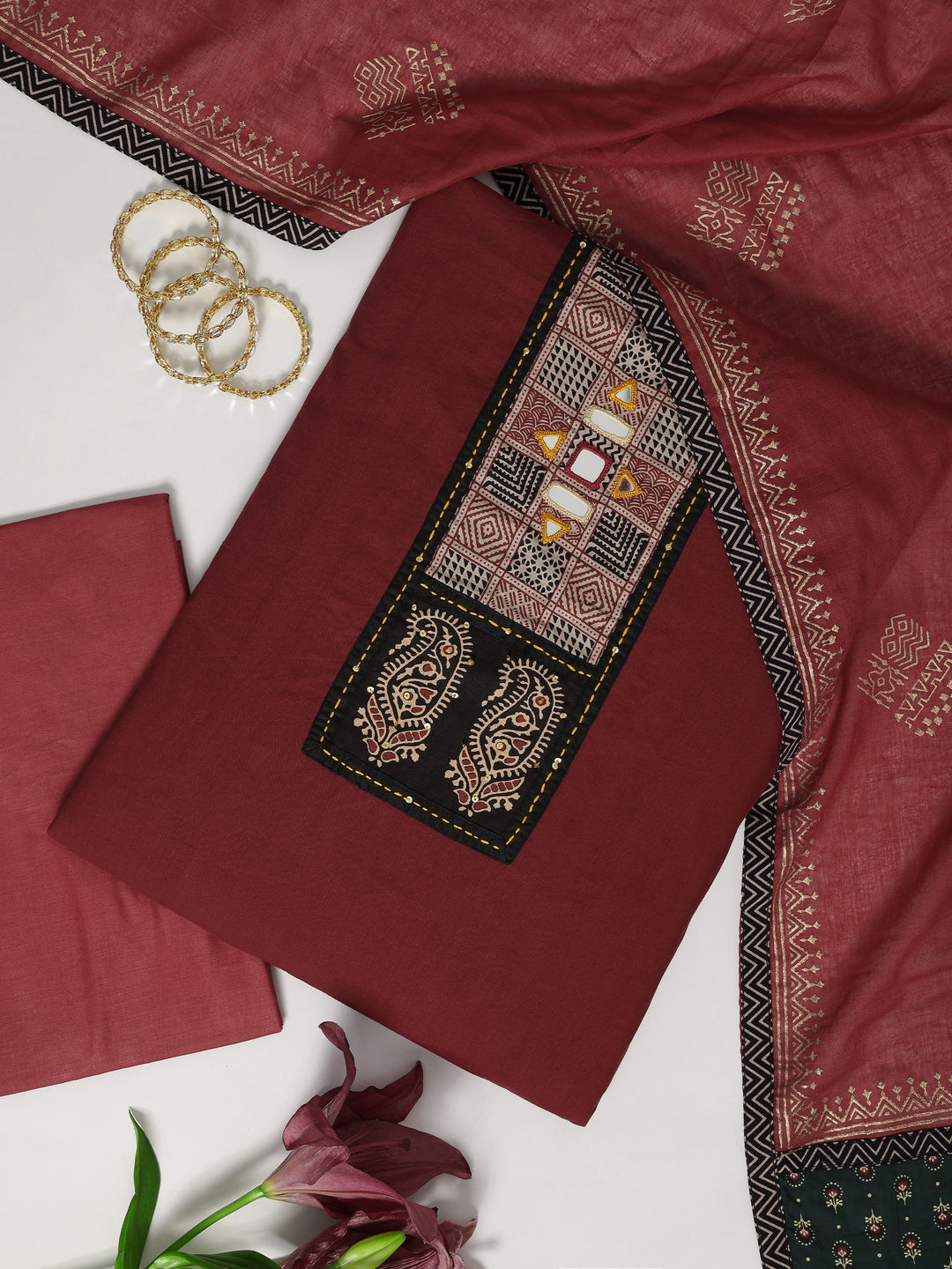 Maroon Printed Cotton Blend Dress Material With Dupatta