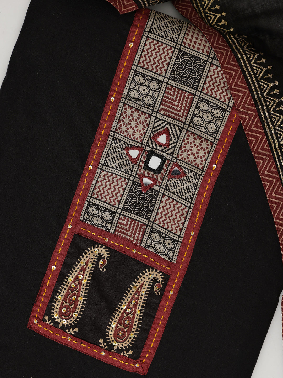 Black Printed Cotton Blend Dress Material With Dupatta
