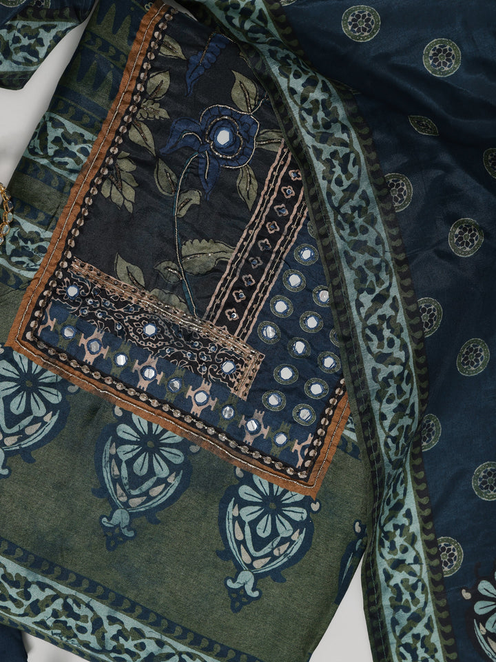 Green Printed Muslin Dress Material With Dupatta