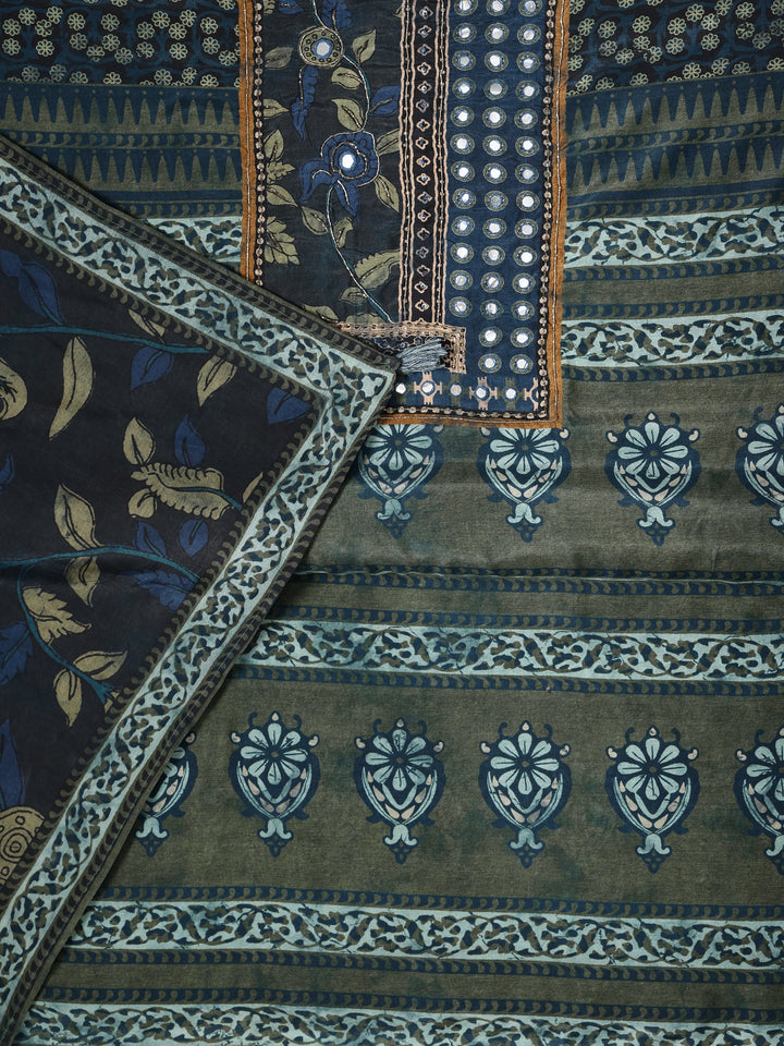 Green Printed Muslin Dress Material With Dupatta