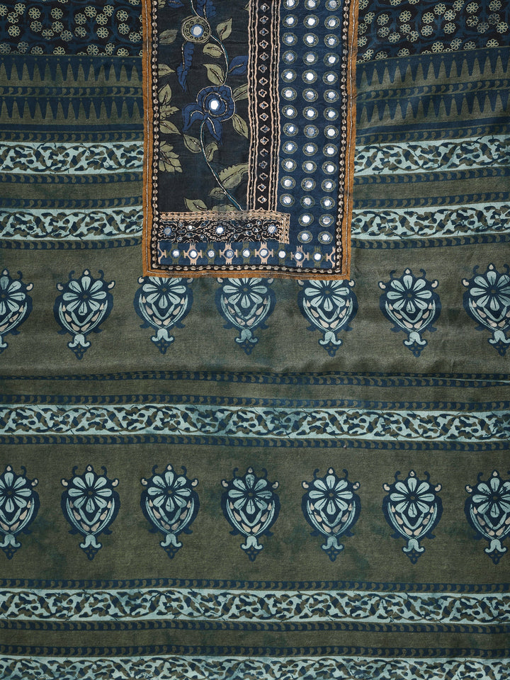 Green Printed Muslin Dress Material With Dupatta