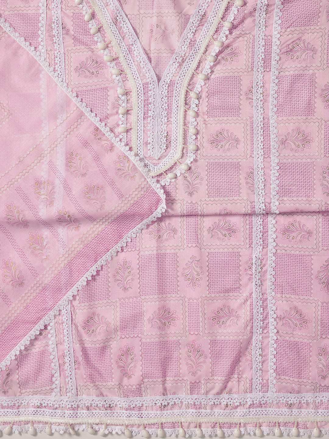 Pink Printed Cotton Blend Dress Material With Dupatta