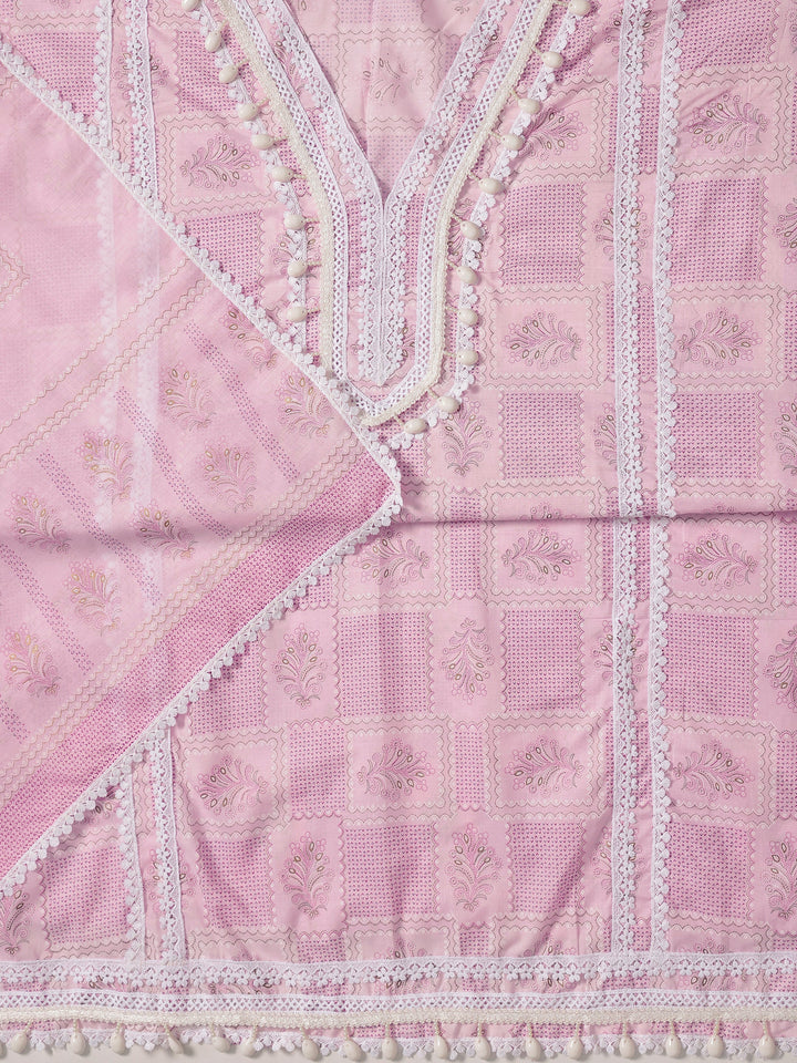 Pink Printed Cotton Blend Dress Material With Dupatta