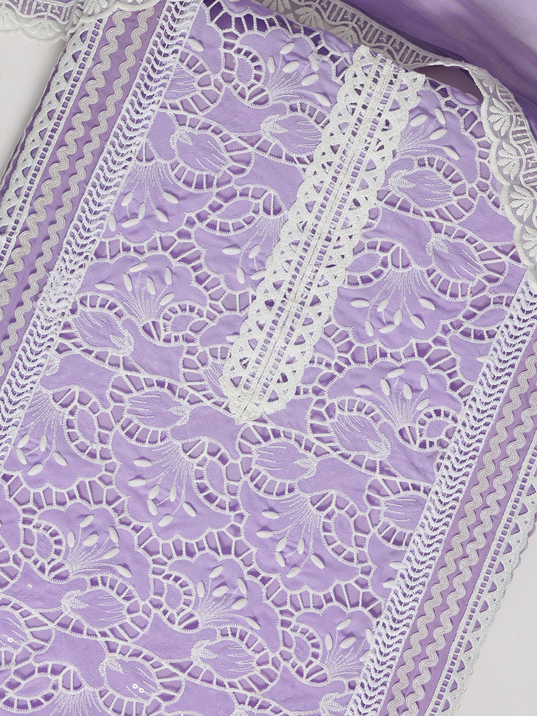 Lavender Embroidered Organza Dress Material With Dupatta