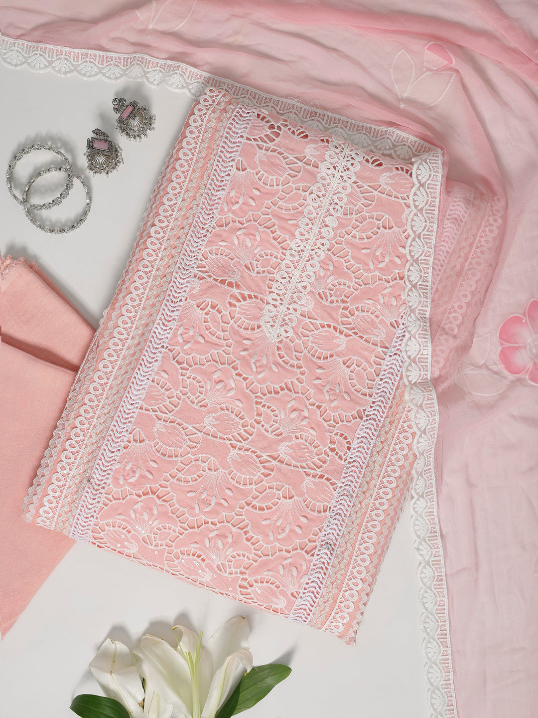 Pink Embroidered Organza Dress Material With Dupatta