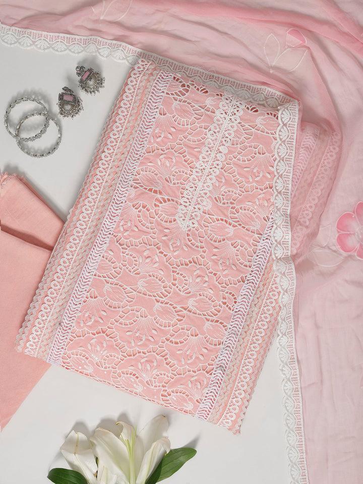 Pink Embroidered Organza Dress Material With Dupatta
