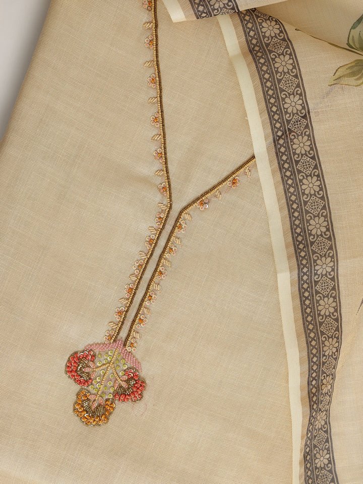 Beige Embellished Cotton Blend Dress Material With Dupatta