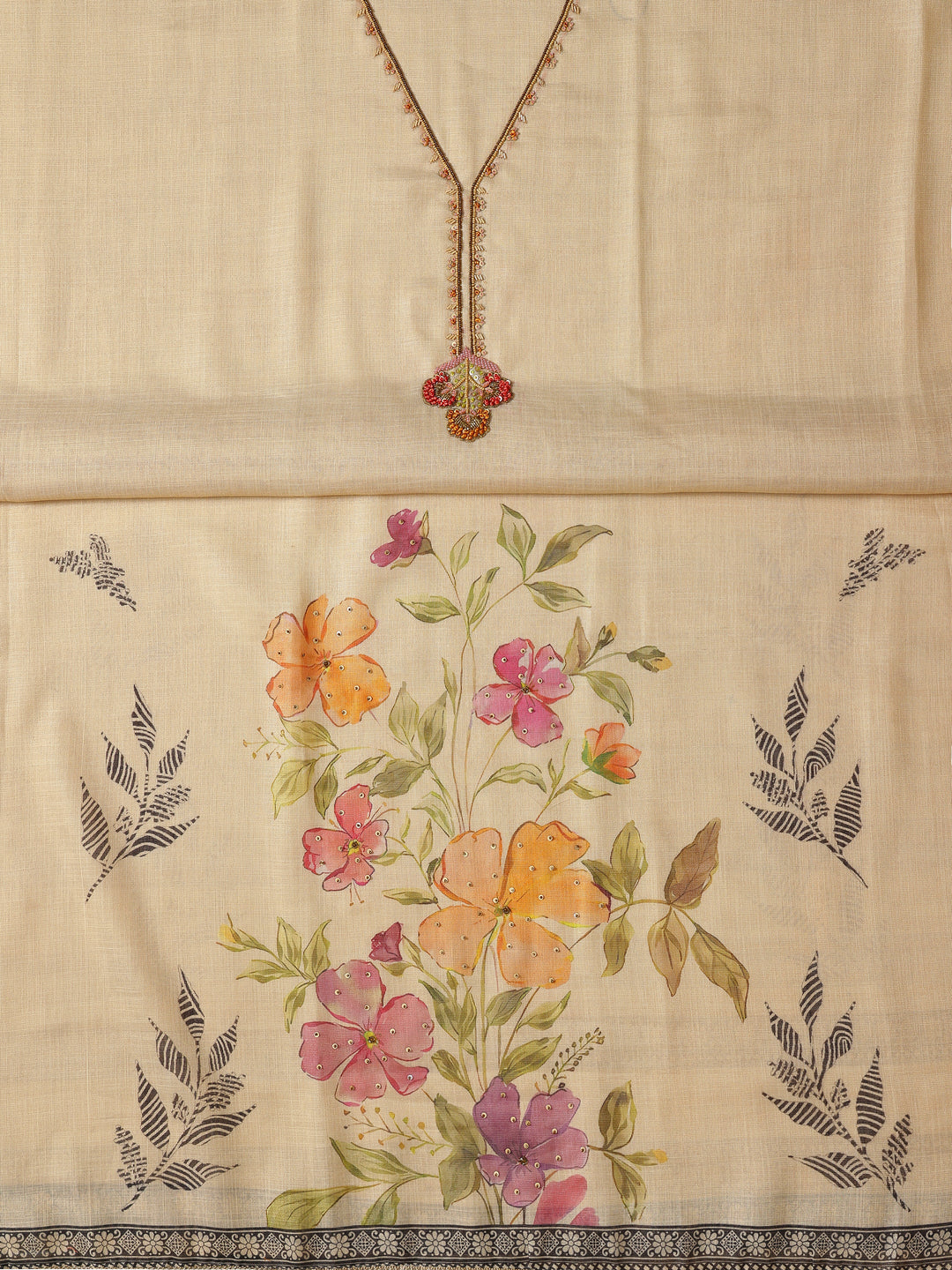 Beige Embellished Cotton Blend Dress Material With Dupatta