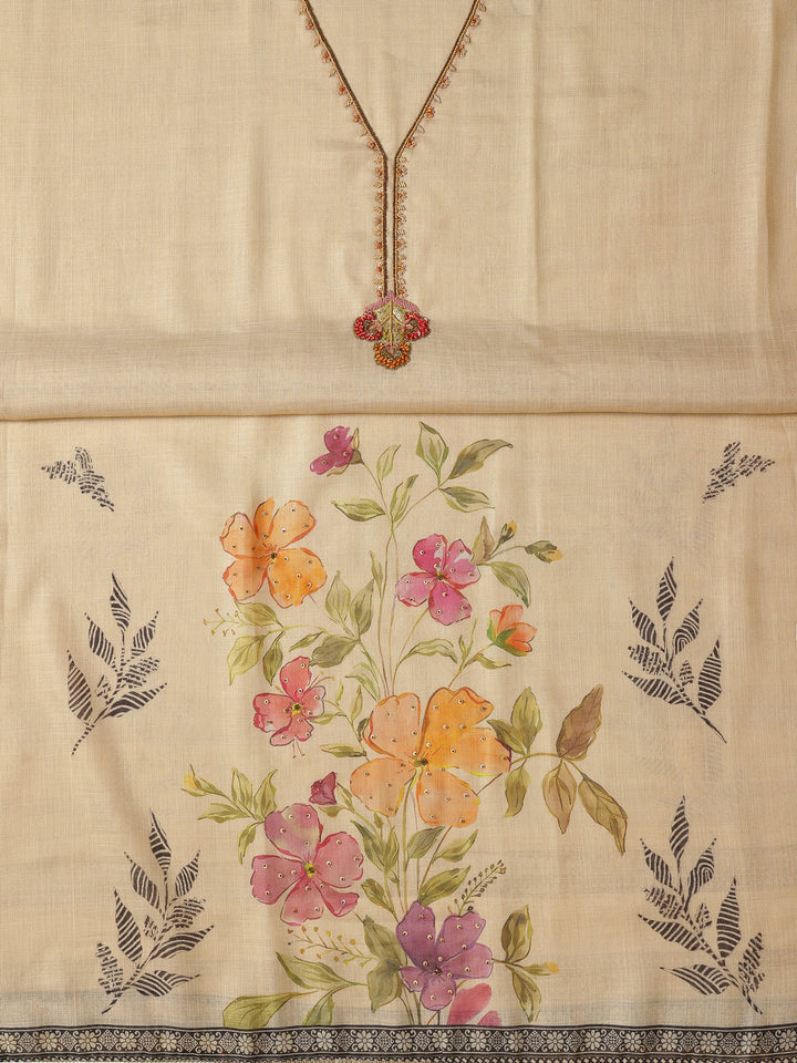 Beige Embellished Cotton Blend Dress Material With Dupatta