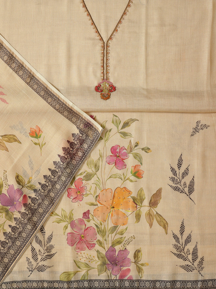 Beige Embellished Cotton Blend Dress Material With Dupatta