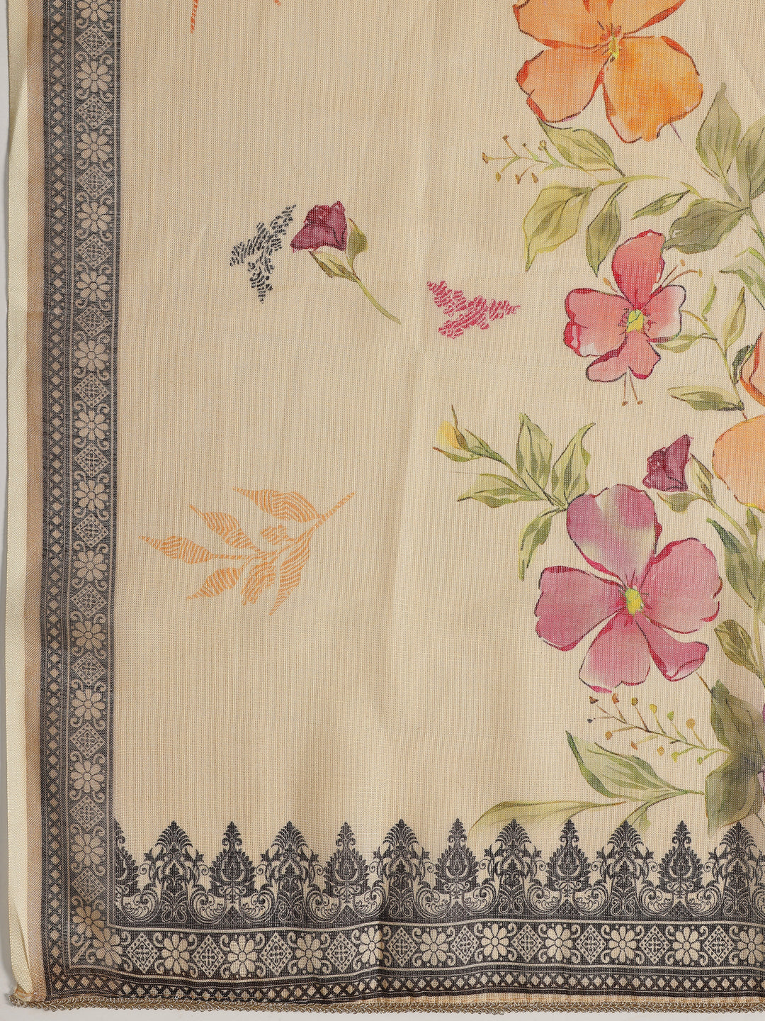 Beige Embellished Cotton Blend Dress Material With Dupatta