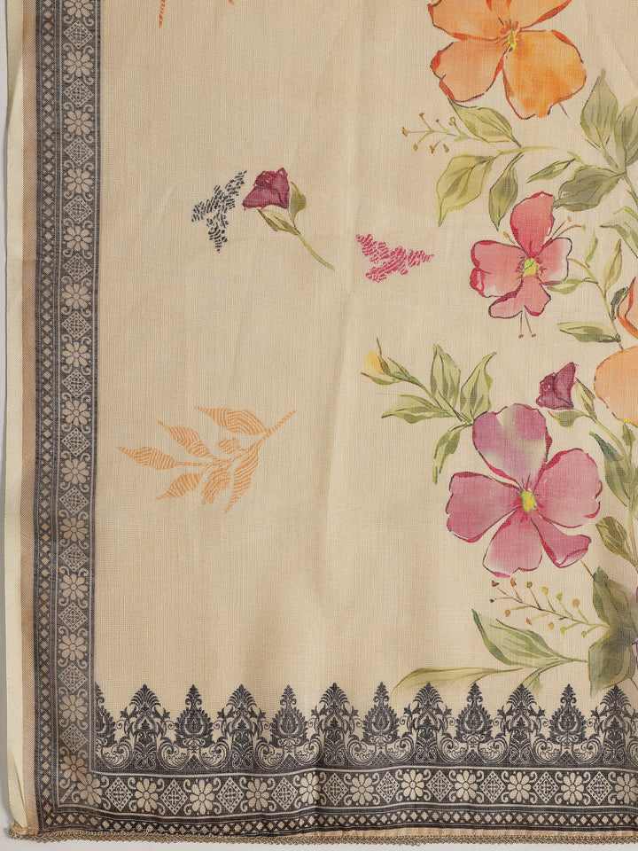 Beige Embellished Cotton Blend Dress Material With Dupatta