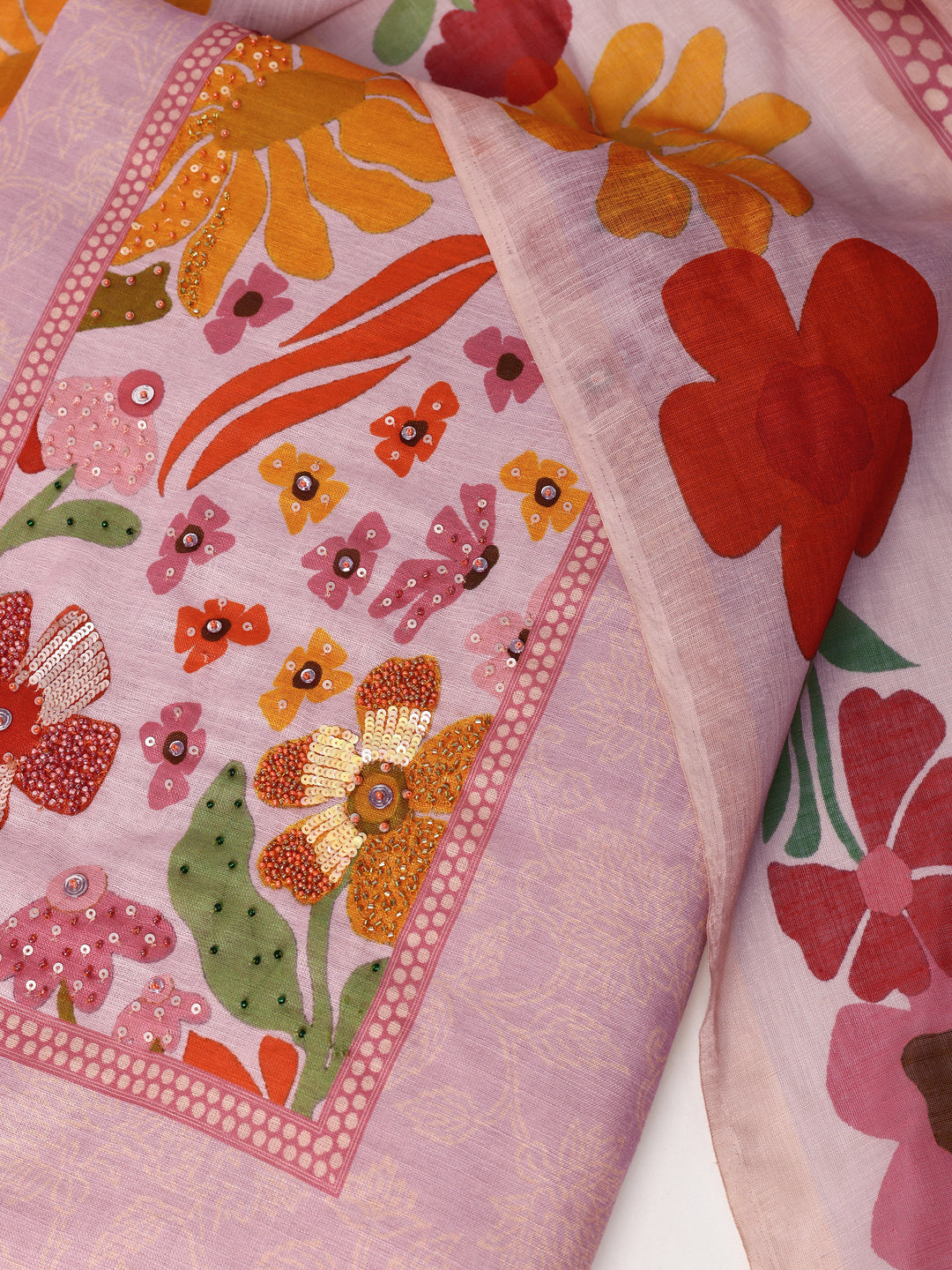 Pink Printed Cotton Blend Dress Material With Dupatta
