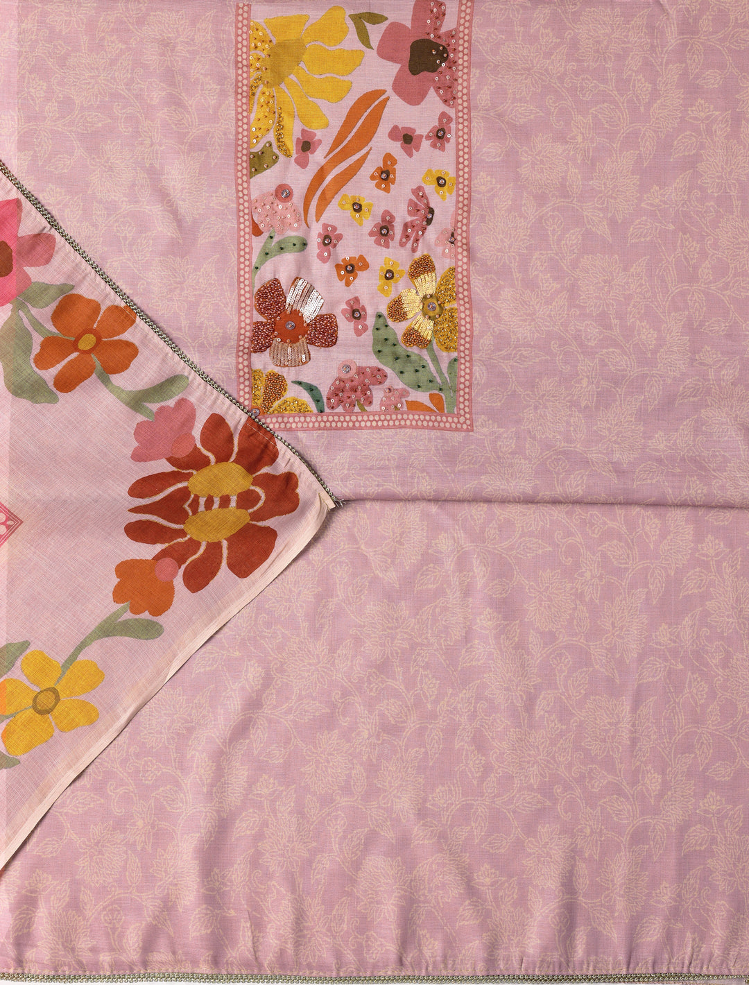 Pink Printed Cotton Blend Dress Material With Dupatta