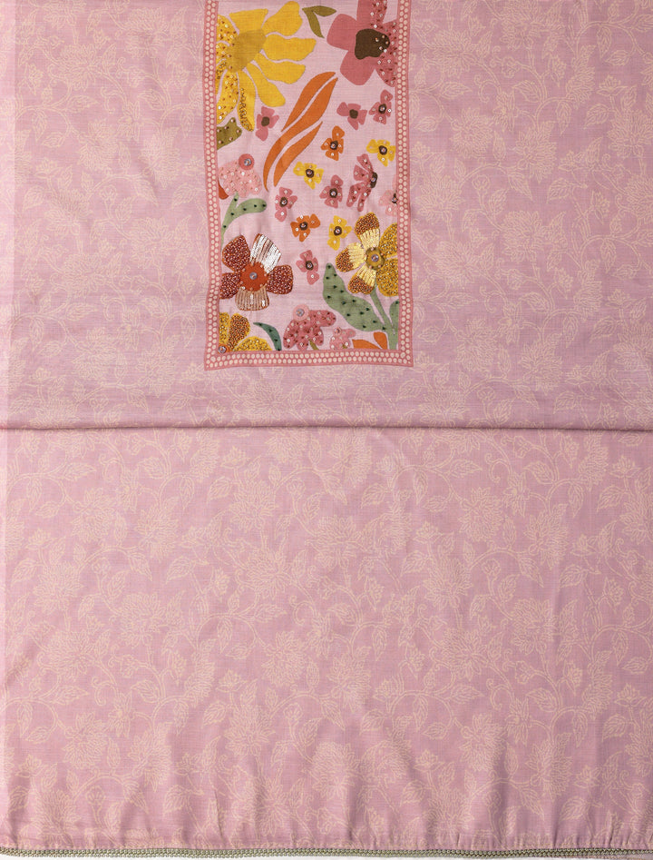 Pink Printed Cotton Blend Dress Material With Dupatta