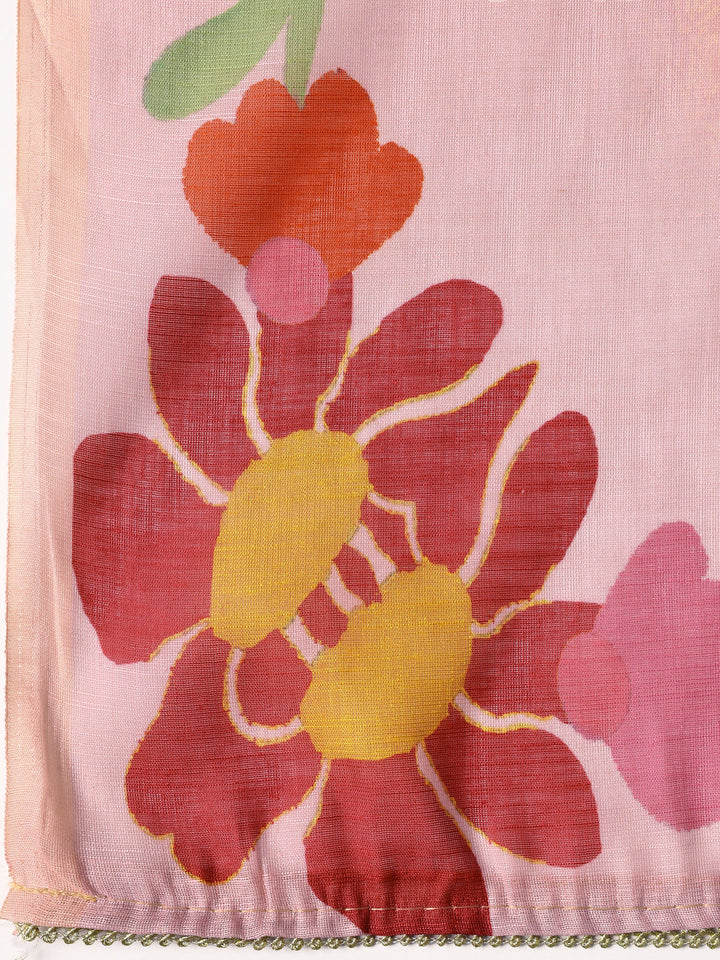 Pink Printed Cotton Blend Dress Material With Dupatta