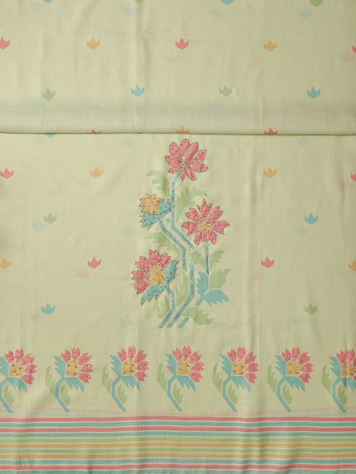 Green Printed Cotton Blend Dress Material With Dupatta