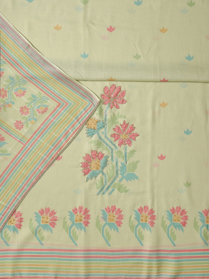 Green Printed Cotton Blend Dress Material With Dupatta