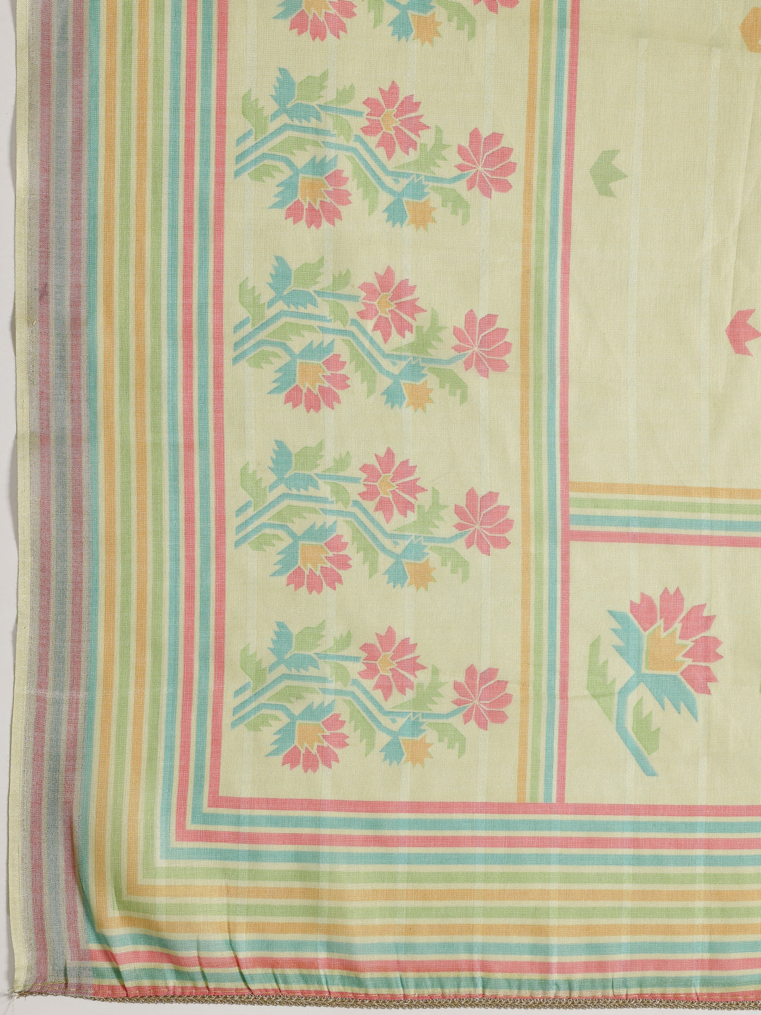 Green Printed Cotton Blend Dress Material With Dupatta