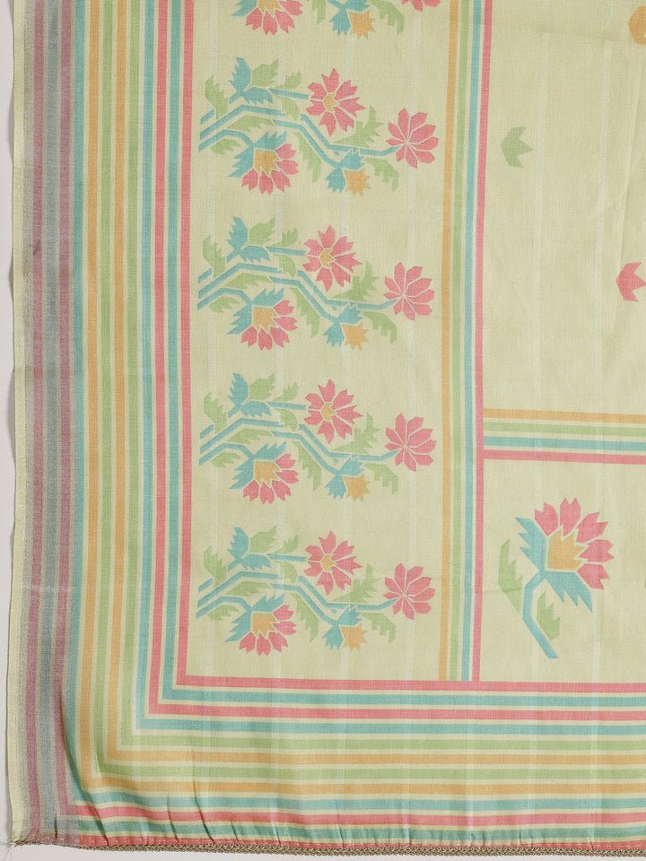 Green Printed Cotton Blend Dress Material With Dupatta