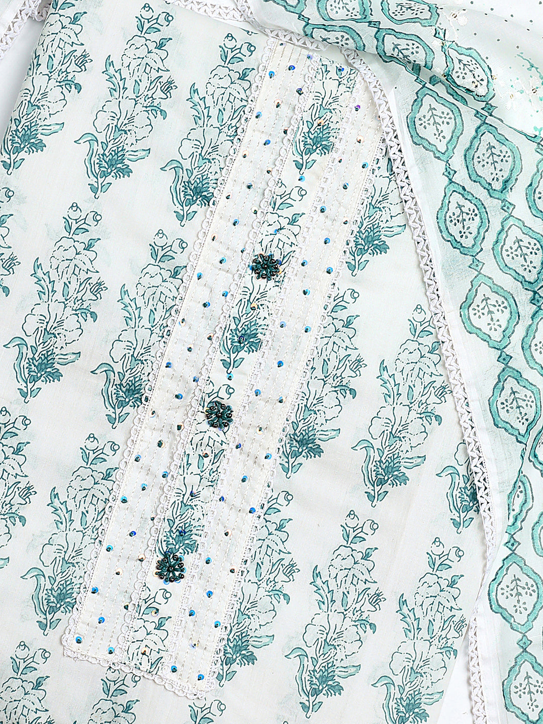 White Floral Printed Cotton Dress Material With Dupatta