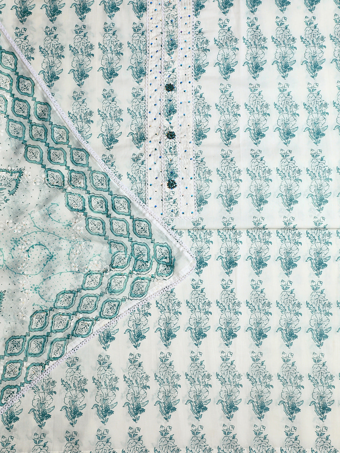 White Floral Printed Cotton Dress Material With Dupatta