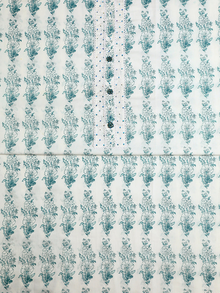 White Floral Printed Cotton Dress Material With Dupatta