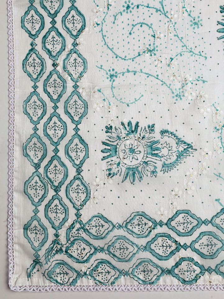 White Floral Printed Cotton Dress Material With Dupatta