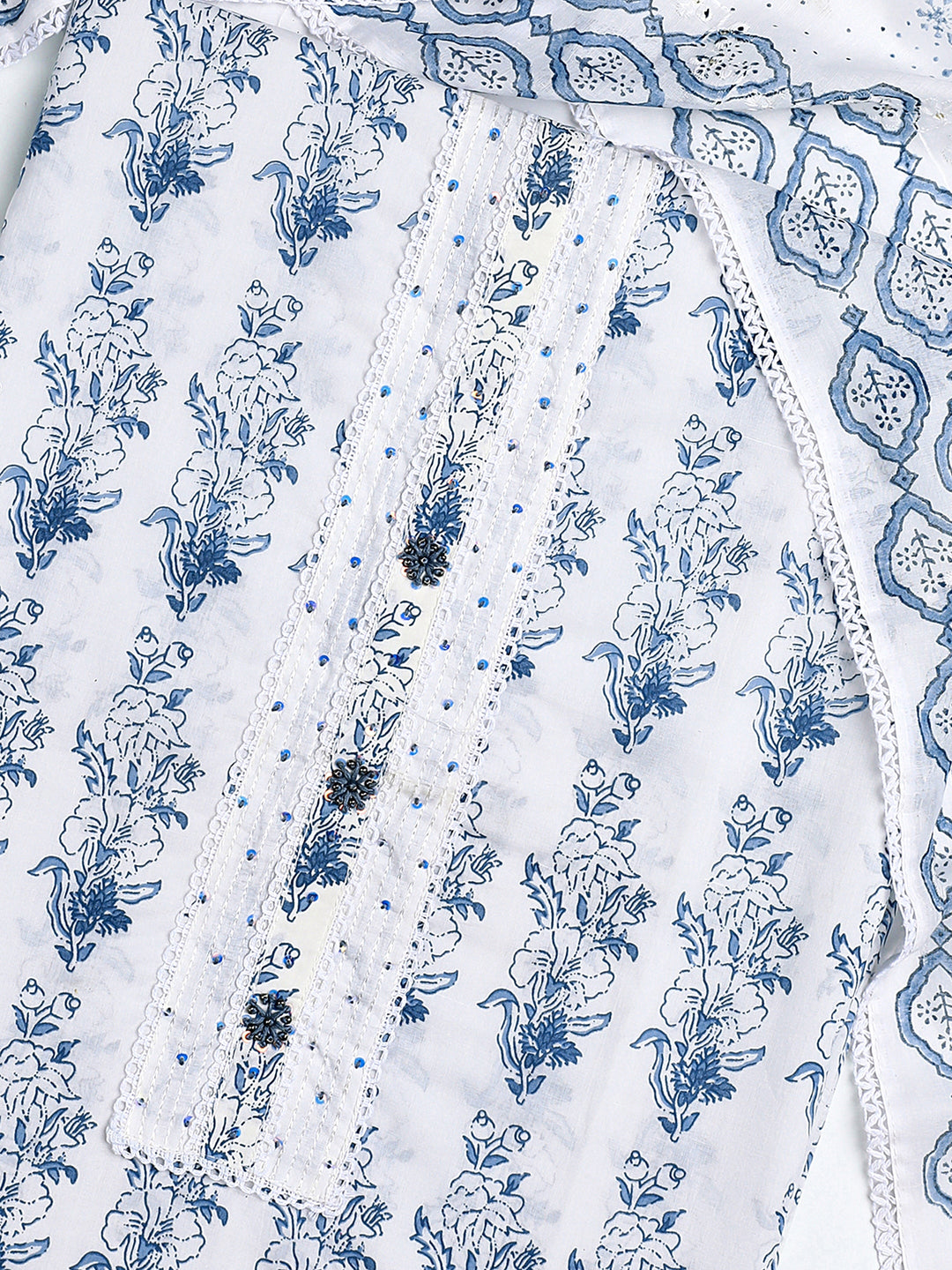 White Floral Printed Cotton Dress Material With Dupatta