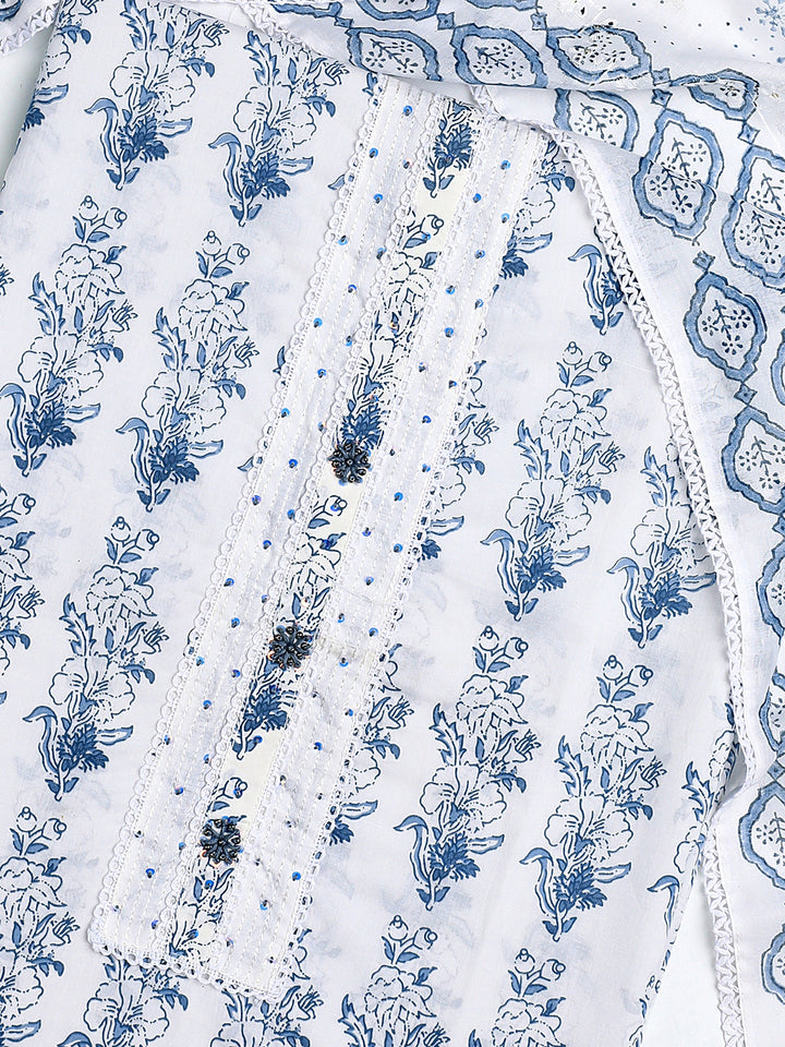 White Floral Printed Cotton Dress Material With Dupatta