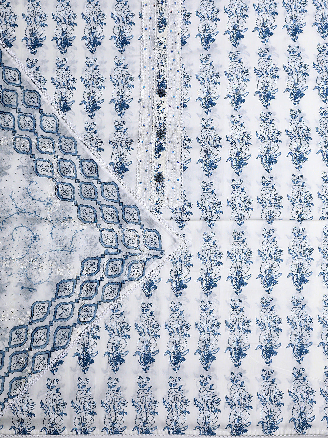 White Floral Printed Cotton Dress Material With Dupatta