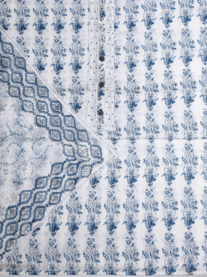 White Floral Printed Cotton Dress Material With Dupatta