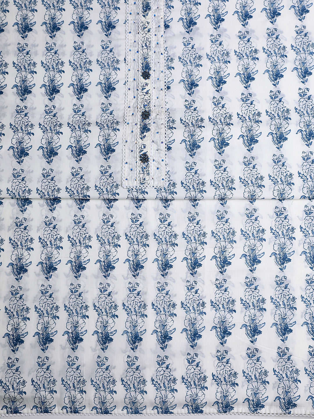 White Floral Printed Cotton Dress Material With Dupatta