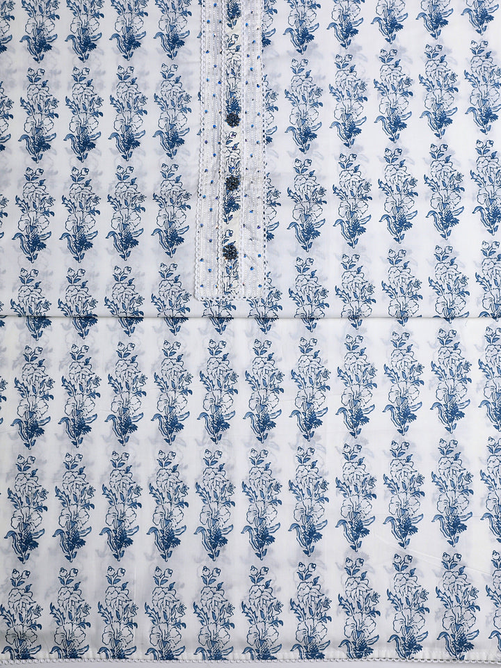 White Floral Printed Cotton Dress Material With Dupatta