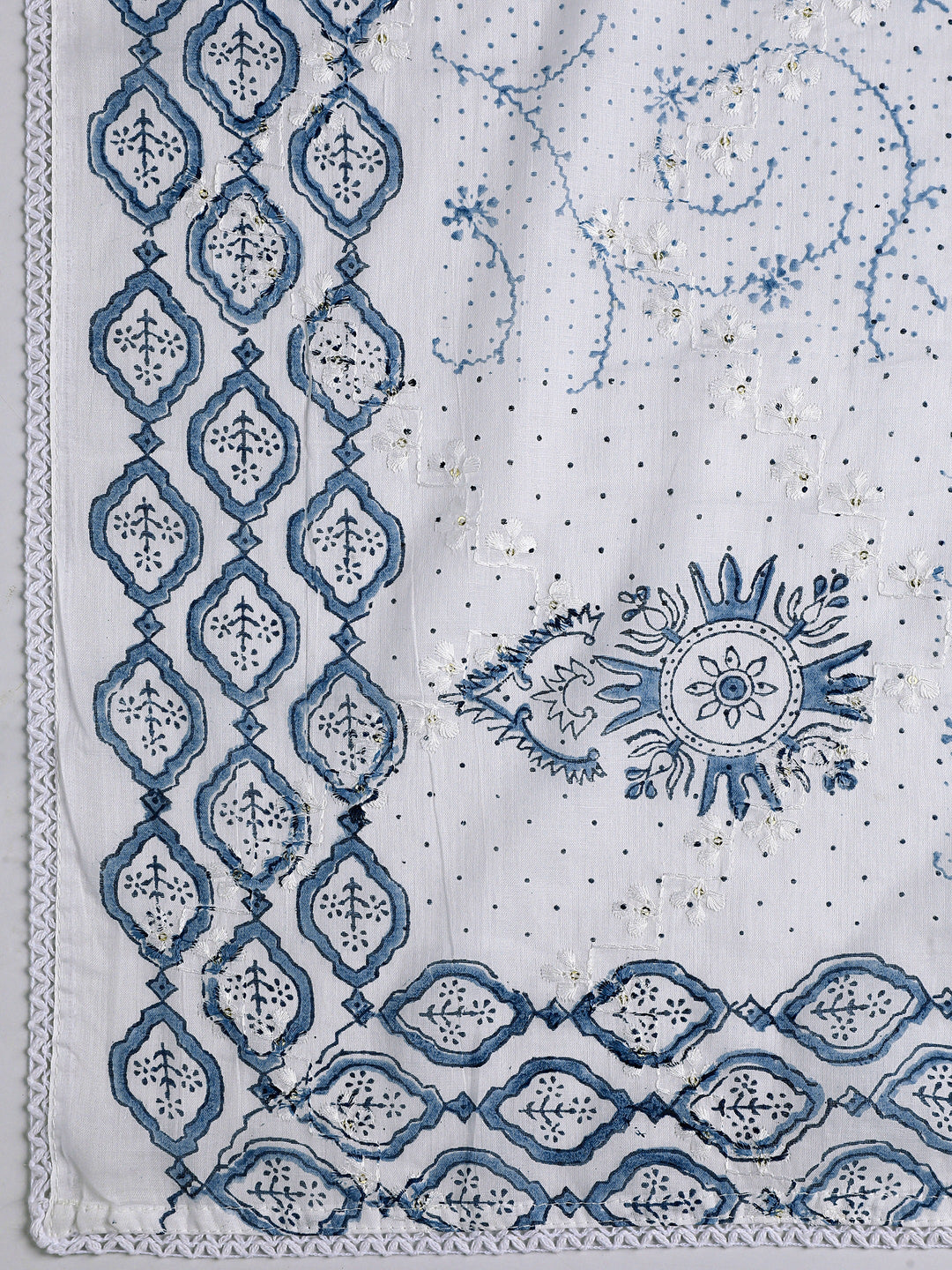 White Floral Printed Cotton Dress Material With Dupatta