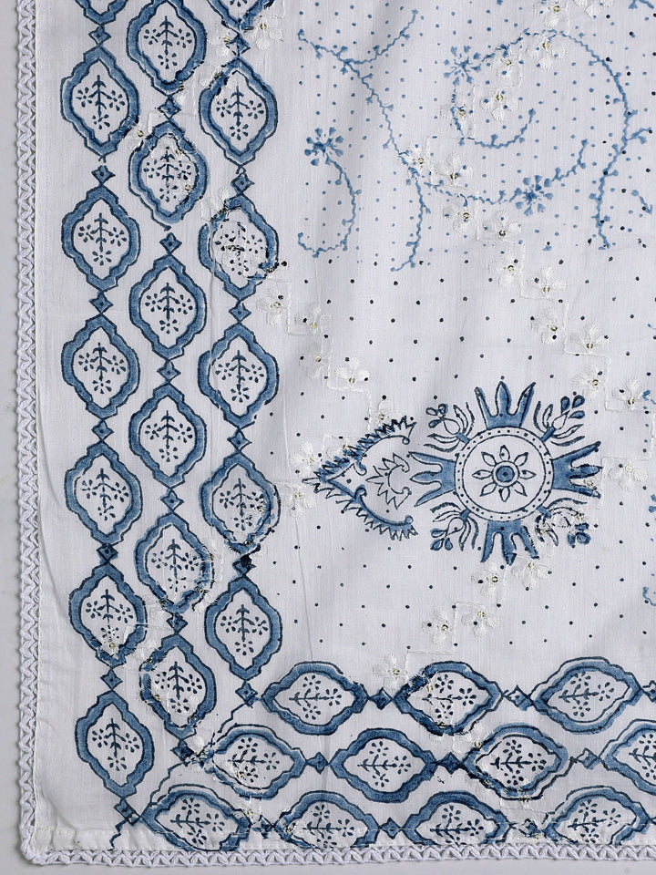 White Floral Printed Cotton Dress Material With Dupatta