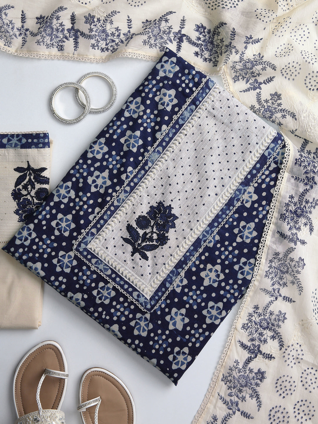 Blue Floral Printed Dress Material With Dupatta