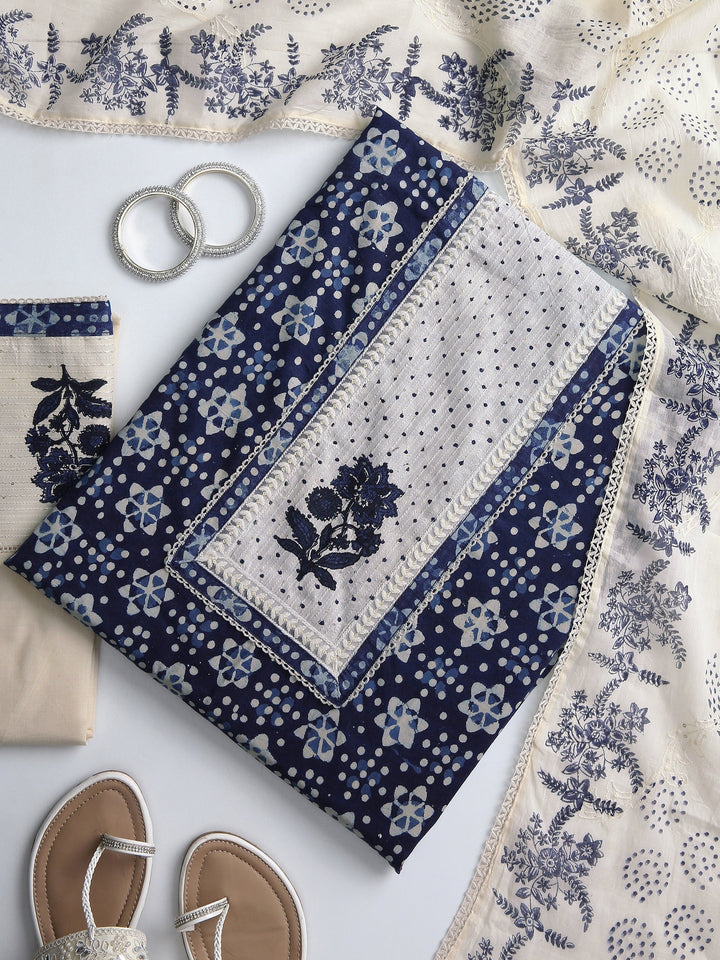 Blue Floral Printed Dress Material With Dupatta