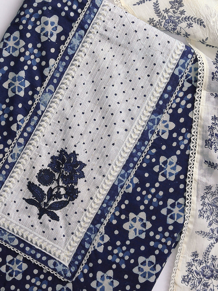 Blue Floral Printed Dress Material With Dupatta