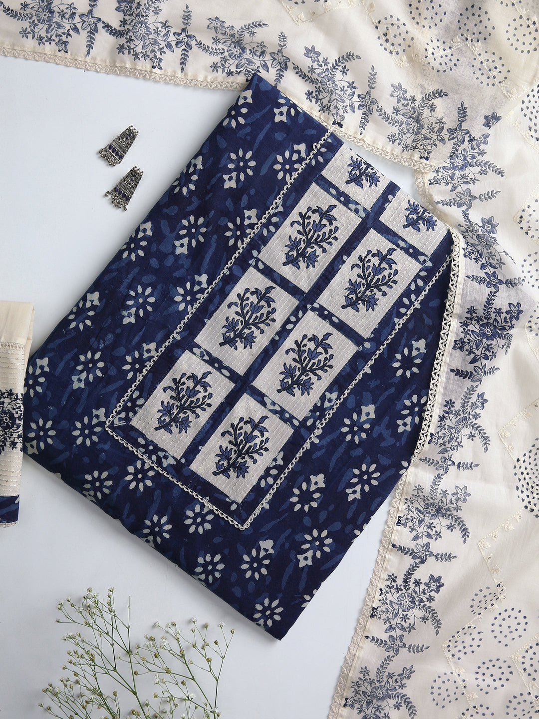 Blue Floral Printed Dress Material With Dupatta