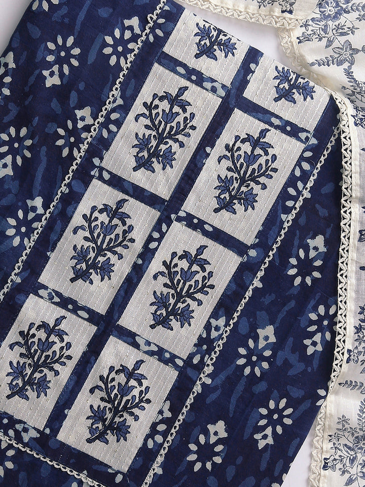 Blue Floral Printed Dress Material With Dupatta