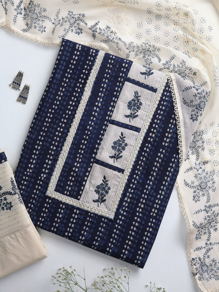 Blue Floral Printed Dress Material With Dupatta
