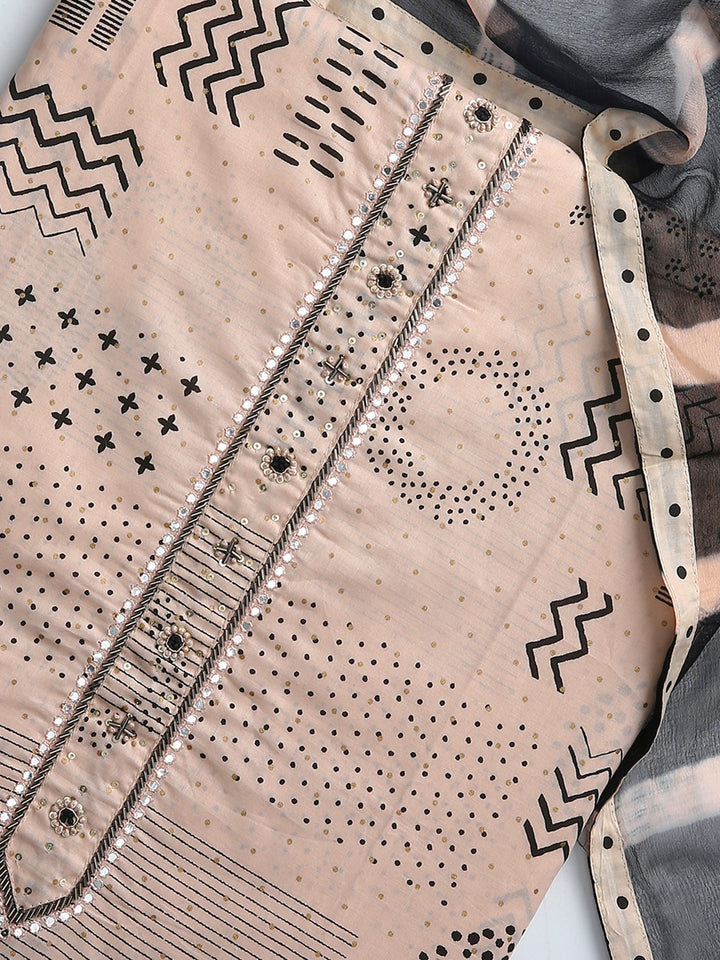Beige Tribal Printed Dress Material With Dupatta