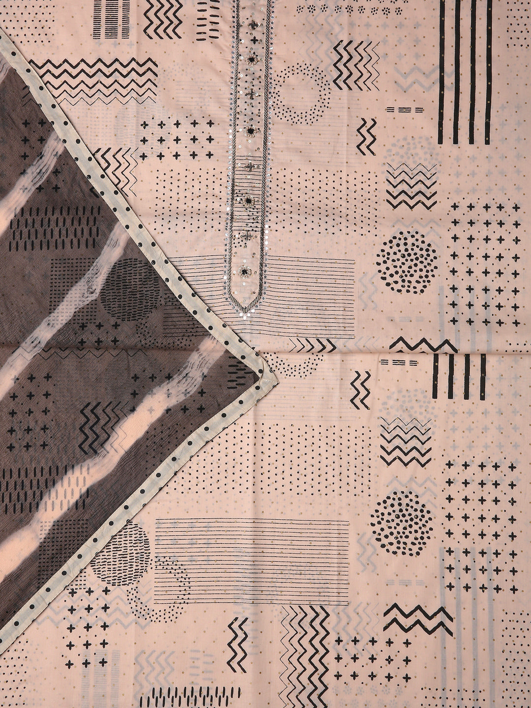 Beige Tribal Printed Dress Material With Dupatta