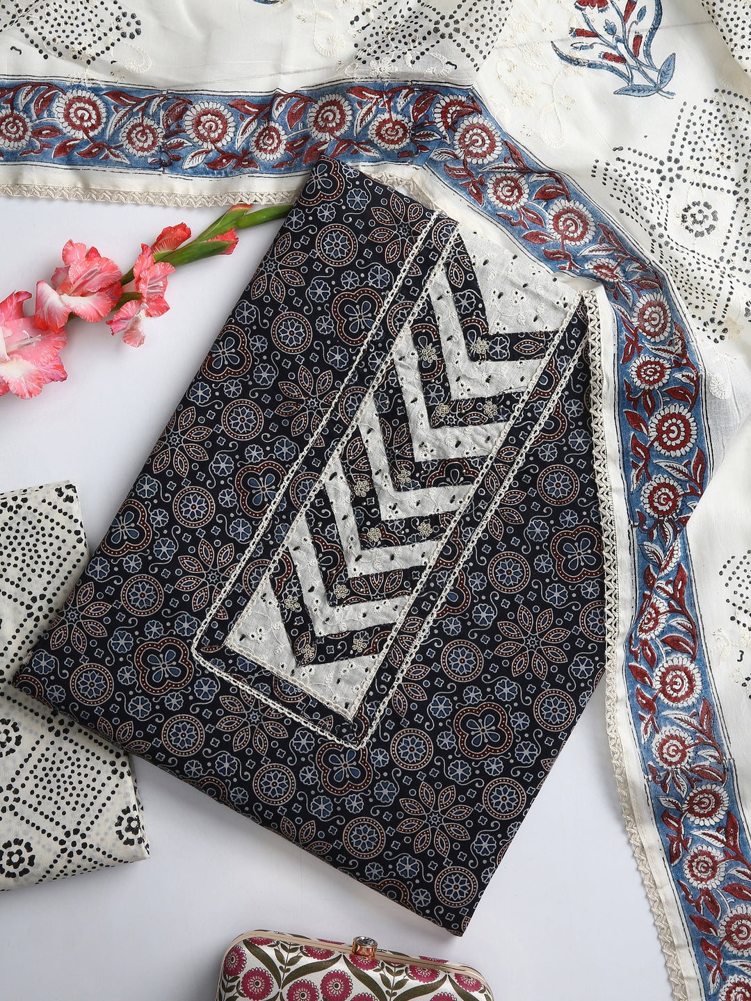 Black Floral Printed Dress Material With Dupatta