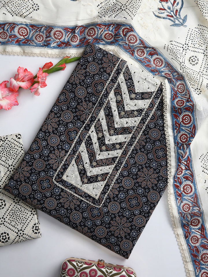 Black Floral Printed Dress Material With Dupatta