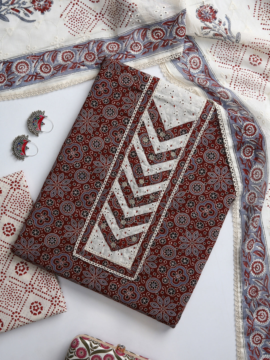 Red Floral Printed Dress Material With Dupatta