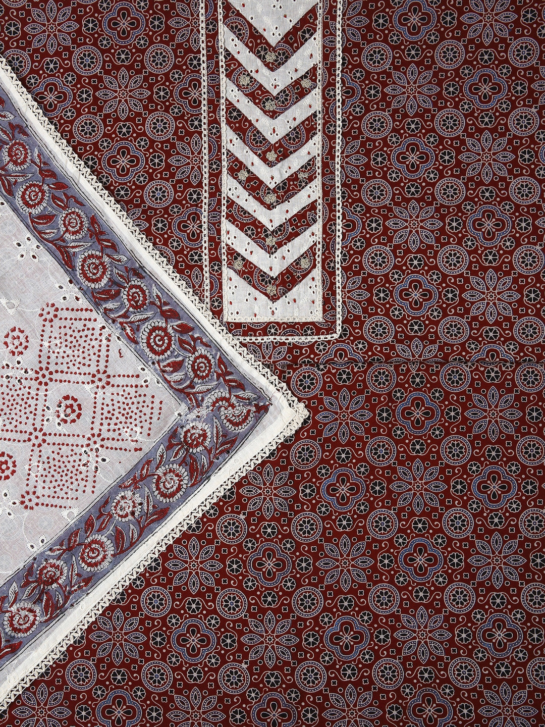 Red Floral Printed Dress Material With Dupatta