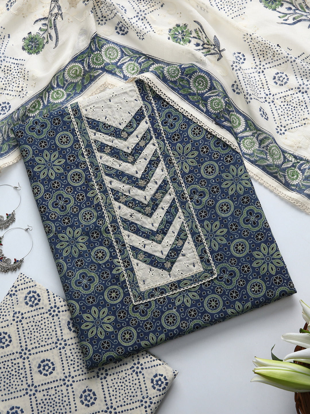 Blue Floral Printed Dress Material With Dupatta