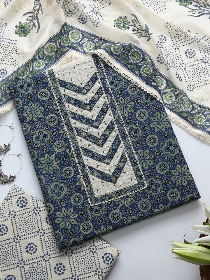 Blue Floral Printed Dress Material With Dupatta